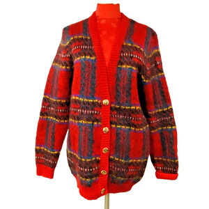 Vintage Susan Bristol Sz M Red Plaid Mohair Wool Blend Cardigan Sweater Classic
